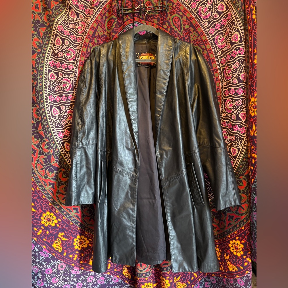 G-III Vintage Black Leather Long Jacket - Classic Open Front Coat 1X GUC
